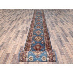 2'8"x34' Denim Blue Organic Wool Hand Knotted Afghan Super Kazak XL Runner Rug