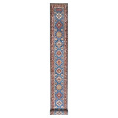 2'8"x34' Denim Blue Organic Wool Hand Knotted Afghan Super Kazak XL Runner Rug