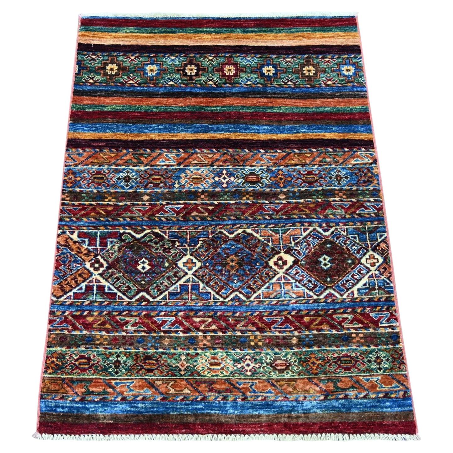 2'8"x3'8" Colorful Hand Knotted Natural Wool Afghan Super Kazak Sample Mat Rug