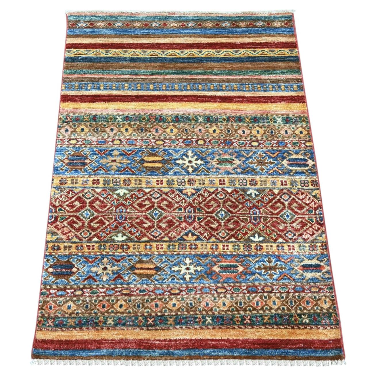 2'8"x3'9" Colorful Natural Wool Hand Knotted Afghan Super Kazak Sample Mat Rug