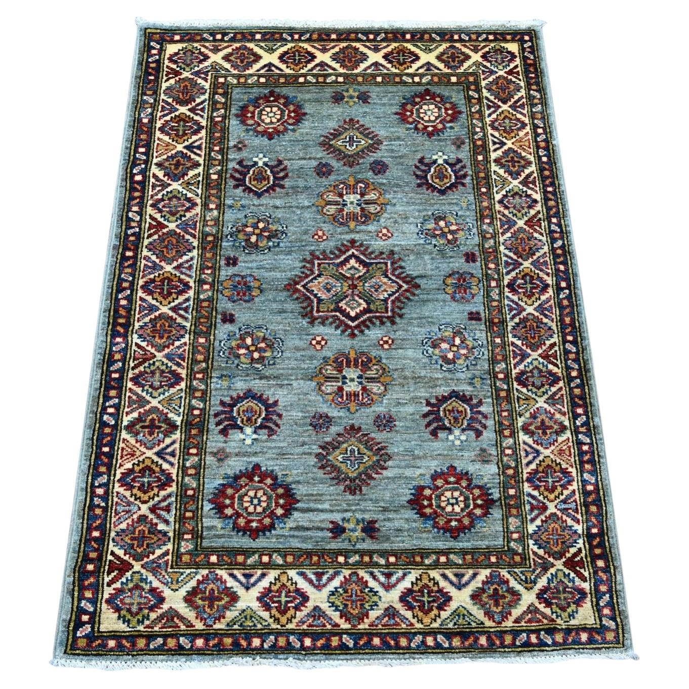 2'8"x3'9" Misty Gray Afghan Super Kazak Medallions Design Hand Knotted Wool Rug For Sale