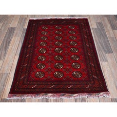 2'8"x3'9" Red Princess Bokara with Geometric Design Soft Wool Hand Knotted Rug
