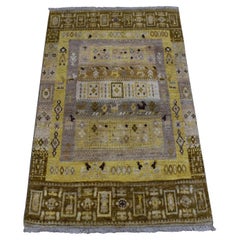 2
8"x3
9" Yellow Pure Wool Kashkuli Gabbeh Pictorial Hand Knotted Oriental Rug