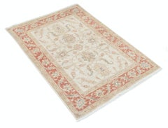 2.8x4 ft Handknotted Beige Accent Rug, Red Border Wool Rug with Floral Design