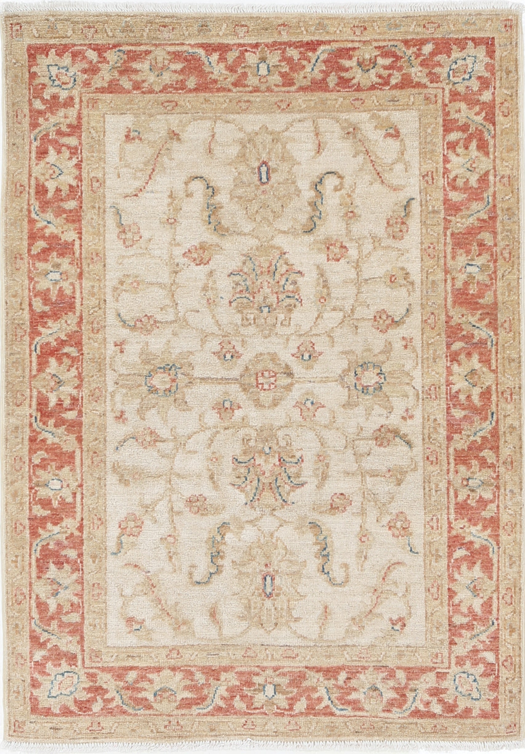 2.8x4 ft Handknotted Beige Accent Rug, Red Border Wool Rug with Floral Design For Sale