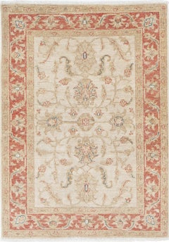 2.8x4 ft Handknotted Beige Accent Rug, Red Border Wool Rug with Floral Design