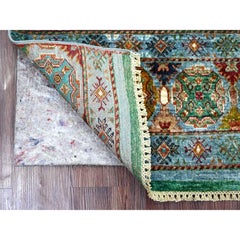 2'8"x4' Light Blue Afghan Super Kazak Khorjin Design Wool Hand Knotted Mat Rug