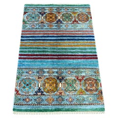 2'8"x4' Light Blue Afghan Super Kazak Khorjin Design Wool Hand Knotted Mat Rug