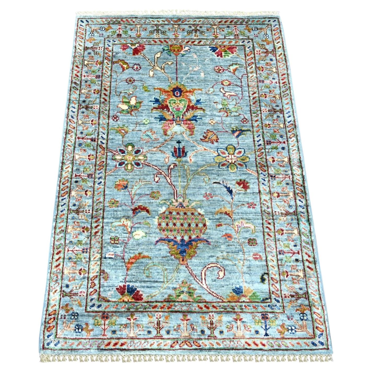 2'8"x4' Light Blue Soft Wool Hand Knotted Afghan Sultani Sample Mat Rug