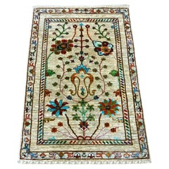 2'8"x4' Parchment White Afghan Sultani Denser Weave Hand Knotted Wool Mat Rug