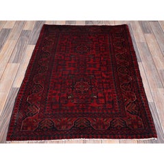 2'8"x4' Red Afghan Khamyab with Tribal Design Soft Wool Hand Knotted Mat Rug