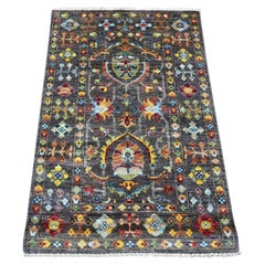 2'8"x4' Stone Gray Afghan Sultani All Over Design Hand Knotted Wool Mat Rug