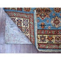 2'8"x4'1" Cerulean Blue Pure Wool Afghan Super Kazak Hand Knotted Runner Rug