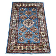 2'8"x4'1" Cerulean Blue Pure Wool Afghan Super Kazak Hand Knotted Runner Rug