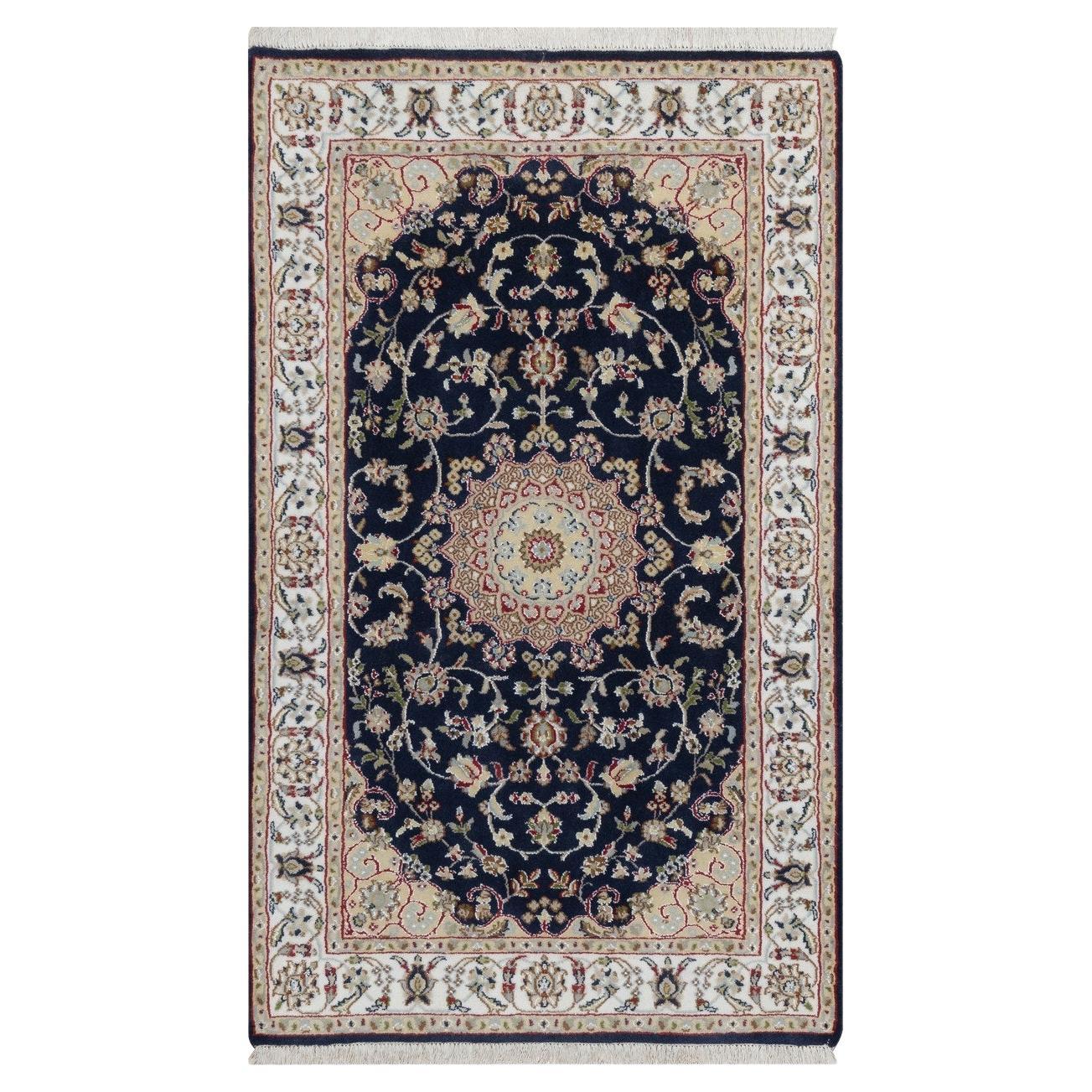 2
8"x4
2" Caviar Blue Nain Medallion Design Hand Knotted Wool and Silk Mat Rug