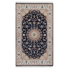 2
8"x4
2" Caviar Blue Nain Medallion Design Hand Knotted Wool and Silk Mat Rug