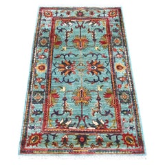 2'8"x4'5" Teal Blue Afghan Sultani Soft Wool Hand Knotted Denser Weave Rug