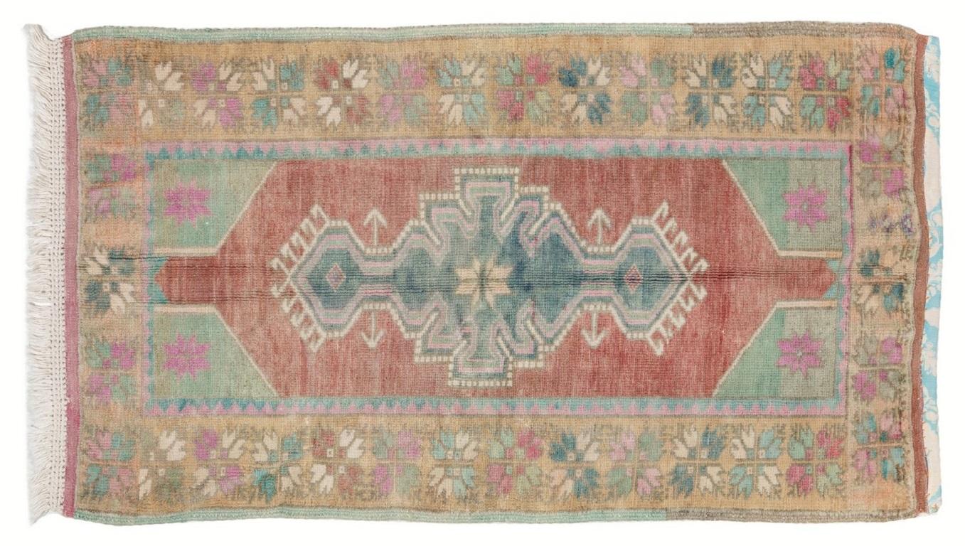 Country 2.8x4.6 Ft Vintage Turkish Scatter Rug in Soft Red, Green, Pink & Purple Colors For Sale