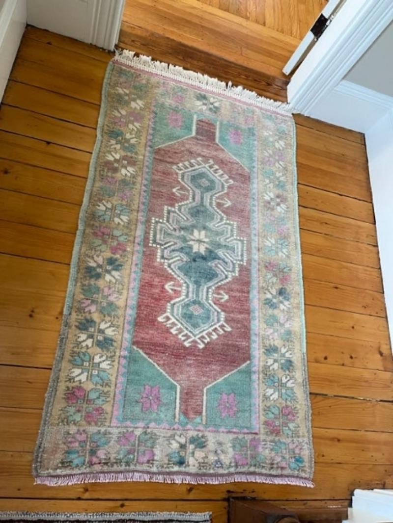 Hand-Knotted 2.8x4.6 Ft Vintage Turkish Scatter Rug in Soft Red, Green, Pink & Purple Colors For Sale