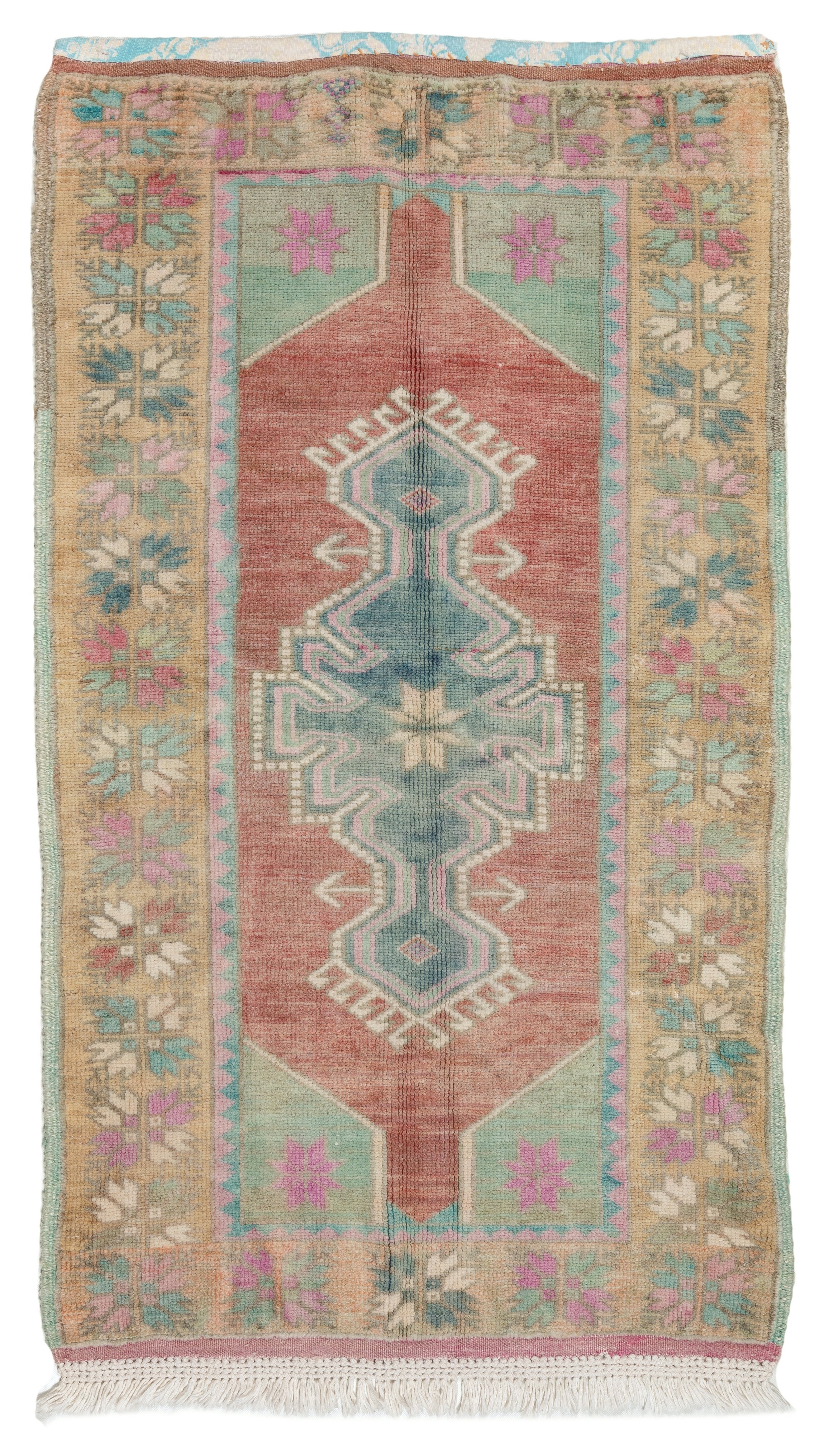 Alfombra turca vintage de 2,8x4,6 pies en colores rojo, verde, rosa y morado suaves