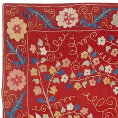 28x47 in Silk Embroidery Wall Hanging. Modern Tapestry. Red Handmade Sofa Throw