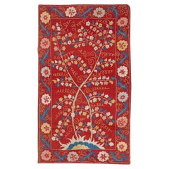 28x47 in Silk Embroidery Wall Hanging. Modern Tapestry. Red Handmade Sofa Throw