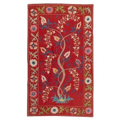 28x47 in Silk Embroidery Wall Hanging. Modern Tapestry. Red Tablecloth. Throw