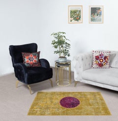 28x49 in Yellow Color Turkish Patchwork Rug. Handmade Colorful Circle Door Mat