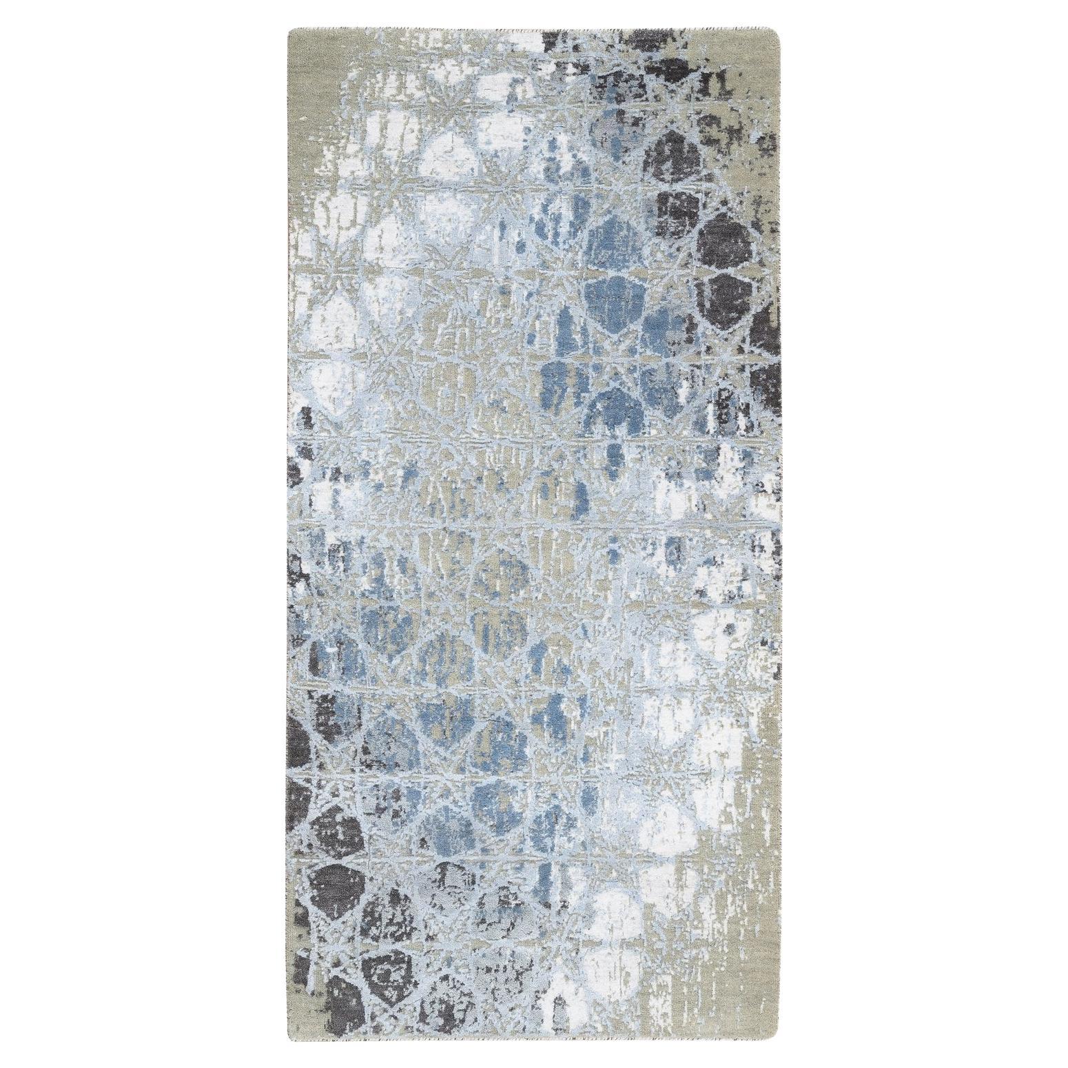 2'8 "x5'10" Grigio e Blu, Lana e Seta Annodato a Mano, TAPPETO THE HONEYCOMB