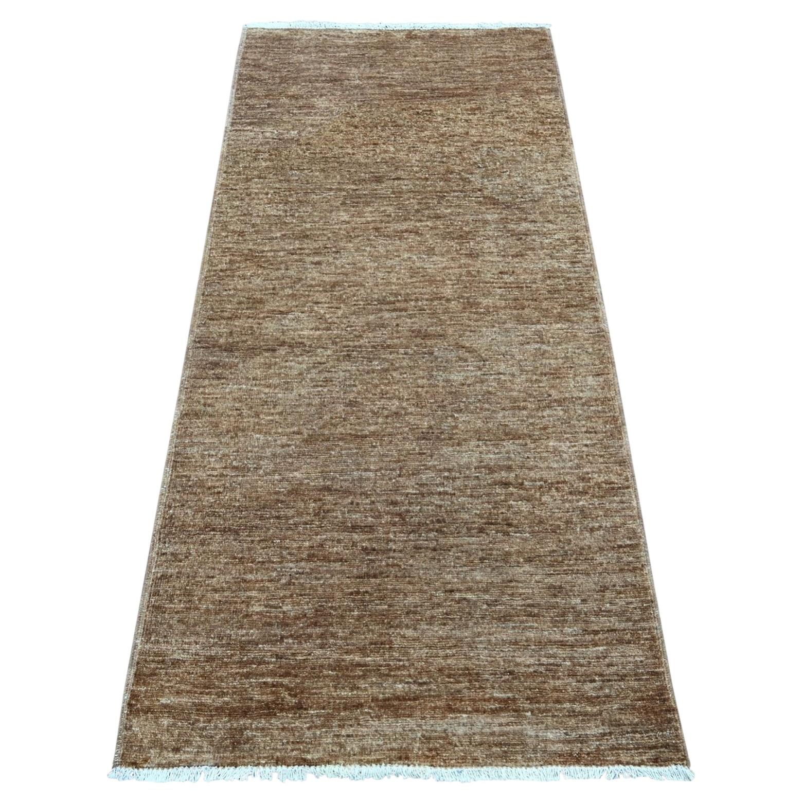2'8"x5'7" Brown Plain Solid Pattern Hand Knotted Ghazni Wool Runner Oriental Rug