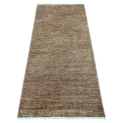 2'8"x5'7" Brown Plain Solid Pattern Hand Knotted Ghazni Wool Runner Oriental Rug