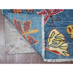 2'8"x5'8" Blue Afghan Peshawar Butterfly Design Wool Hand Knotted Runner Rug