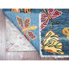 2'8"x5'8" Blue Afghan Peshawar Butterfly Design Wool Hand Knotted Runner Rug
