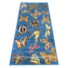 2'8"x5'8" Blue Afghan Peshawar Butterfly Design Wool Hand Knotted Runner Rug