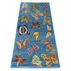 2'8"x5'8" Blue Afghan Peshawar Butterfly Design Wool Hand Knotted Runner Rug