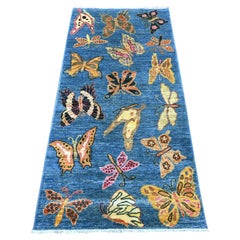 2'8"x5'8" Blue Afghan Peshawar Butterfly Design Wool Hand Knotted Runner Rug