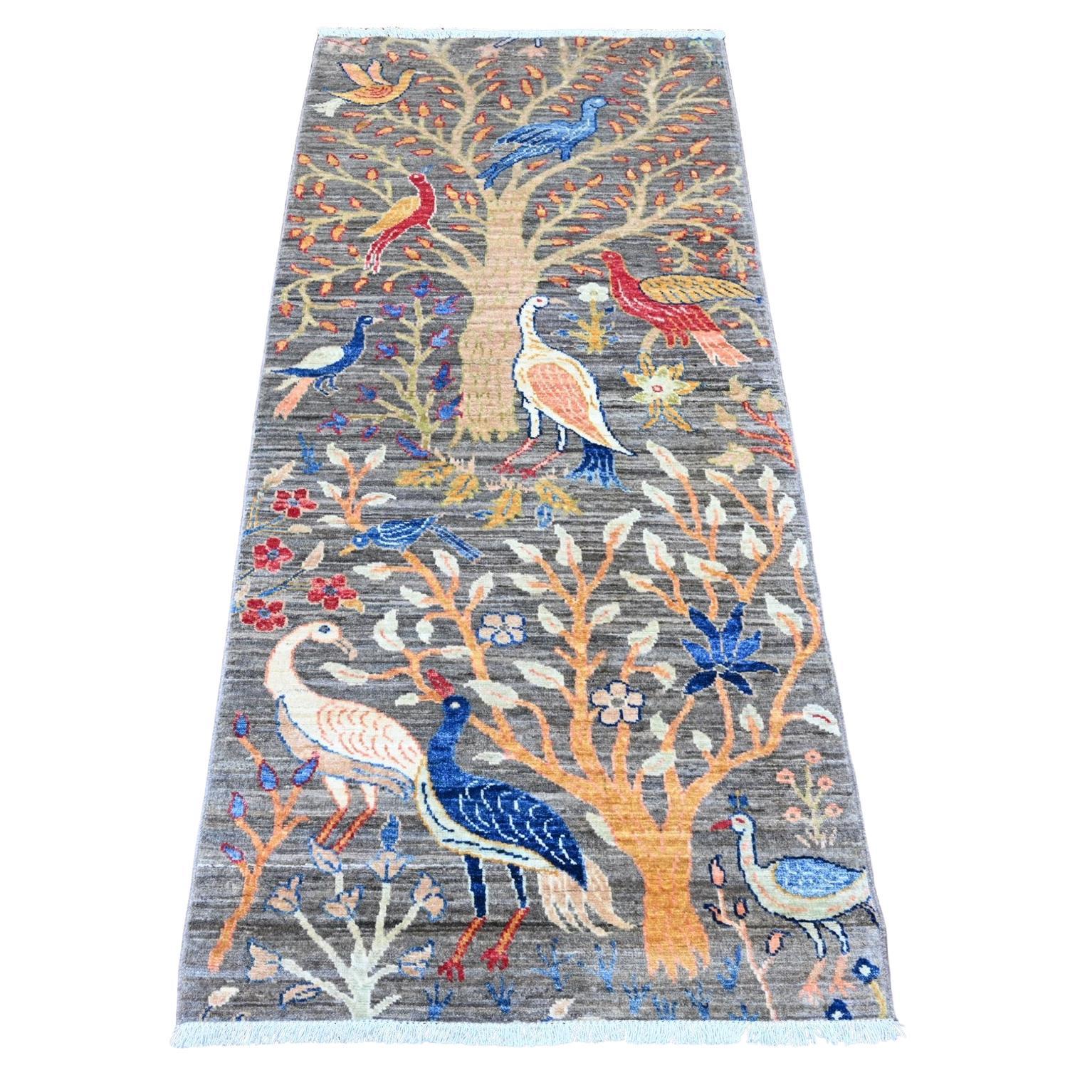 2
8"x5
8" Gray Peshawar Birds of Paradise Design Hand Knotted Wool Runner Rug
