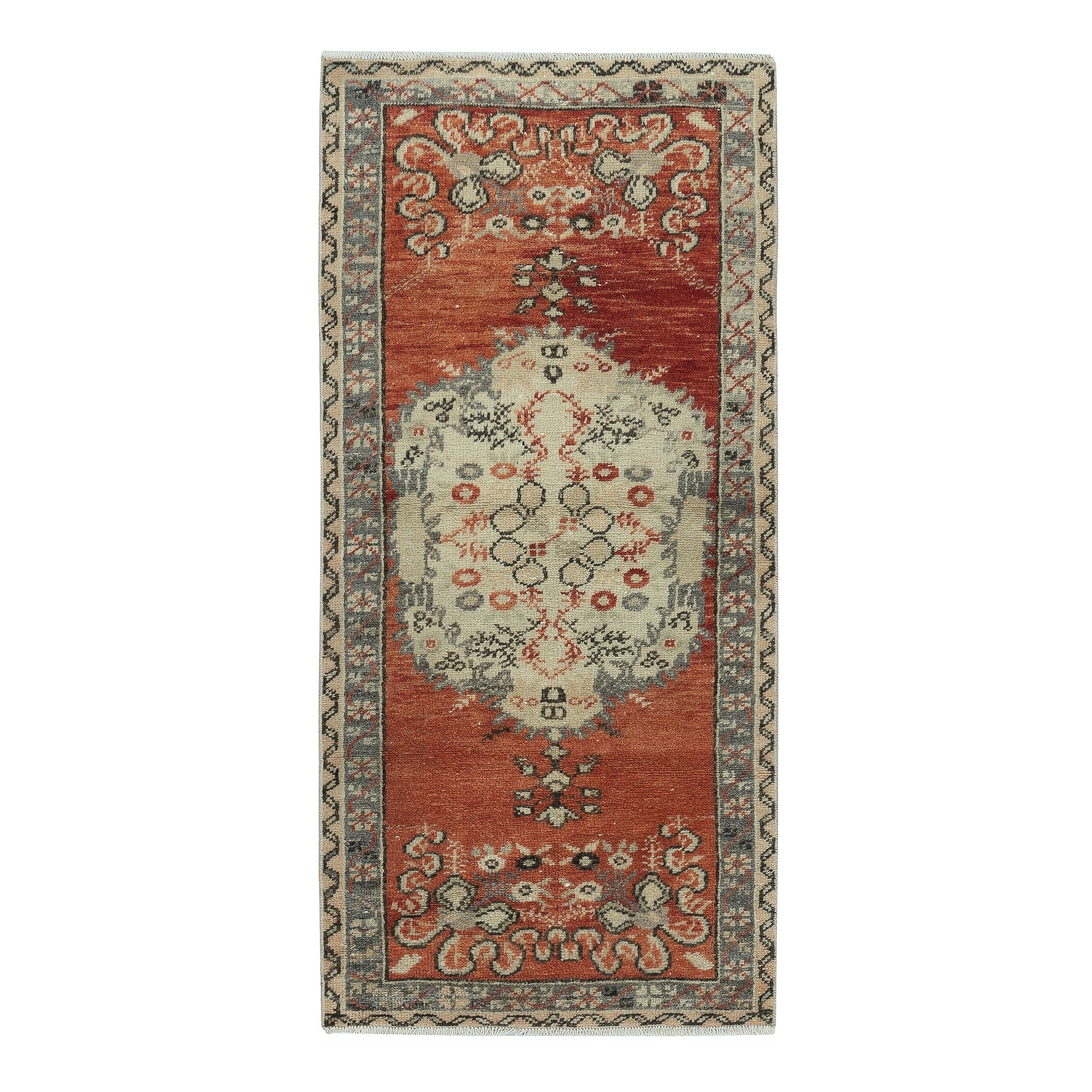 Tappeto d'accento turco vintage fatto a mano 28x59 in colore rosso e beige, 100% lana