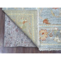 2'8"x6' Light Blue Hand Knotted Angora Oushak Leaf Design Pure Wool Runner Rug