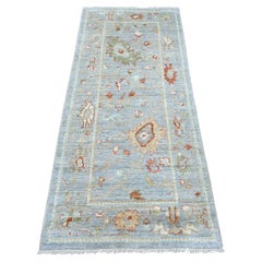 2'8"x6' Light Blue Hand Knotted Angora Oushak Leaf Design Pure Wool Runner Rug