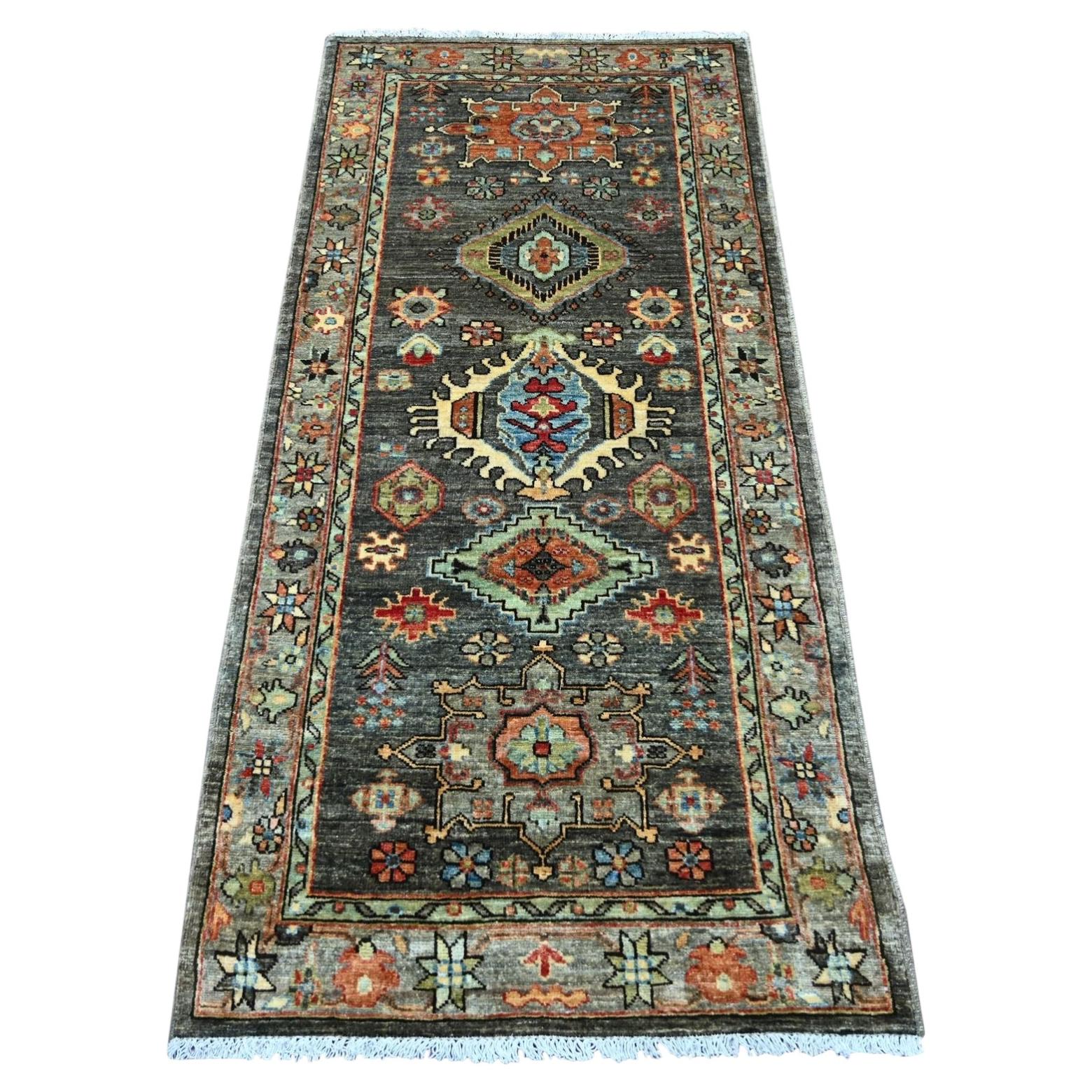 2'8"x6' Mocha Brown Peshawar with Karajeh Design Hand Knotted Wool Runner Rug For Sale