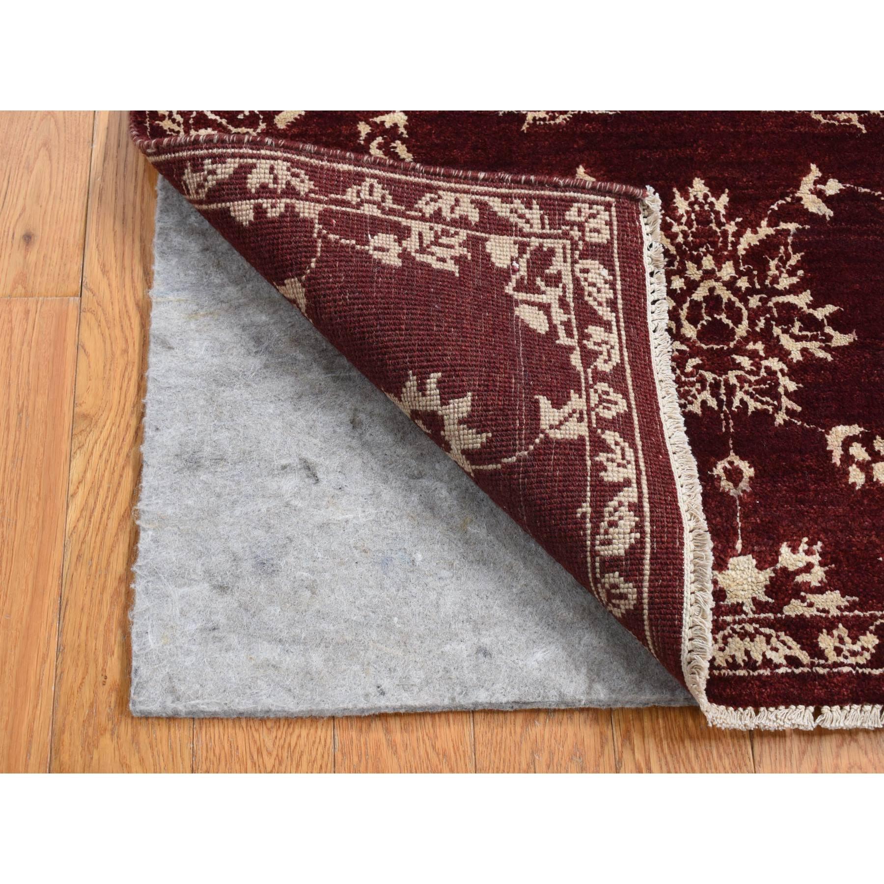 Sangria Red, Pure Wool, Tone on Tone, Abarasque Design Agra, Hand Knotted, Runner Oriental Rug
Primary materials: Wool
Latex: No Pile 
height: 0.25 Inches
Style: Transitional
Primary color: Red
Secondary colors: Ivory
Pattern: Oriental