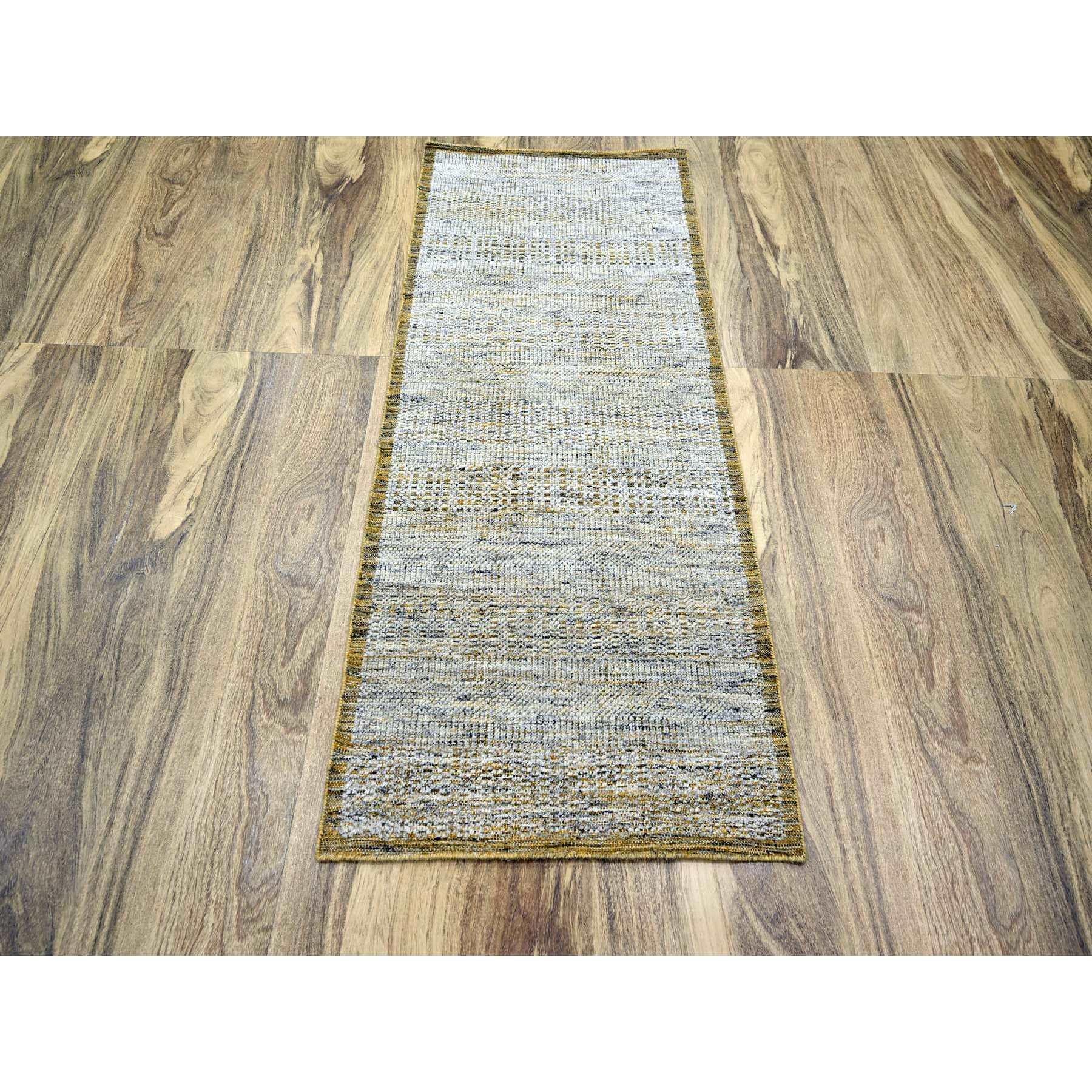Vista White with Nugget Gold, 100% Wool, Oxidized and Distressed Grass Design with Exposed Warps, Hand Knotted, Runner, Oriental Rug
Primary materials: Wool
Latex: No Pile 
height: 0.25 Inches
Style: Contemporary
Primary color: Yellow
Secondary