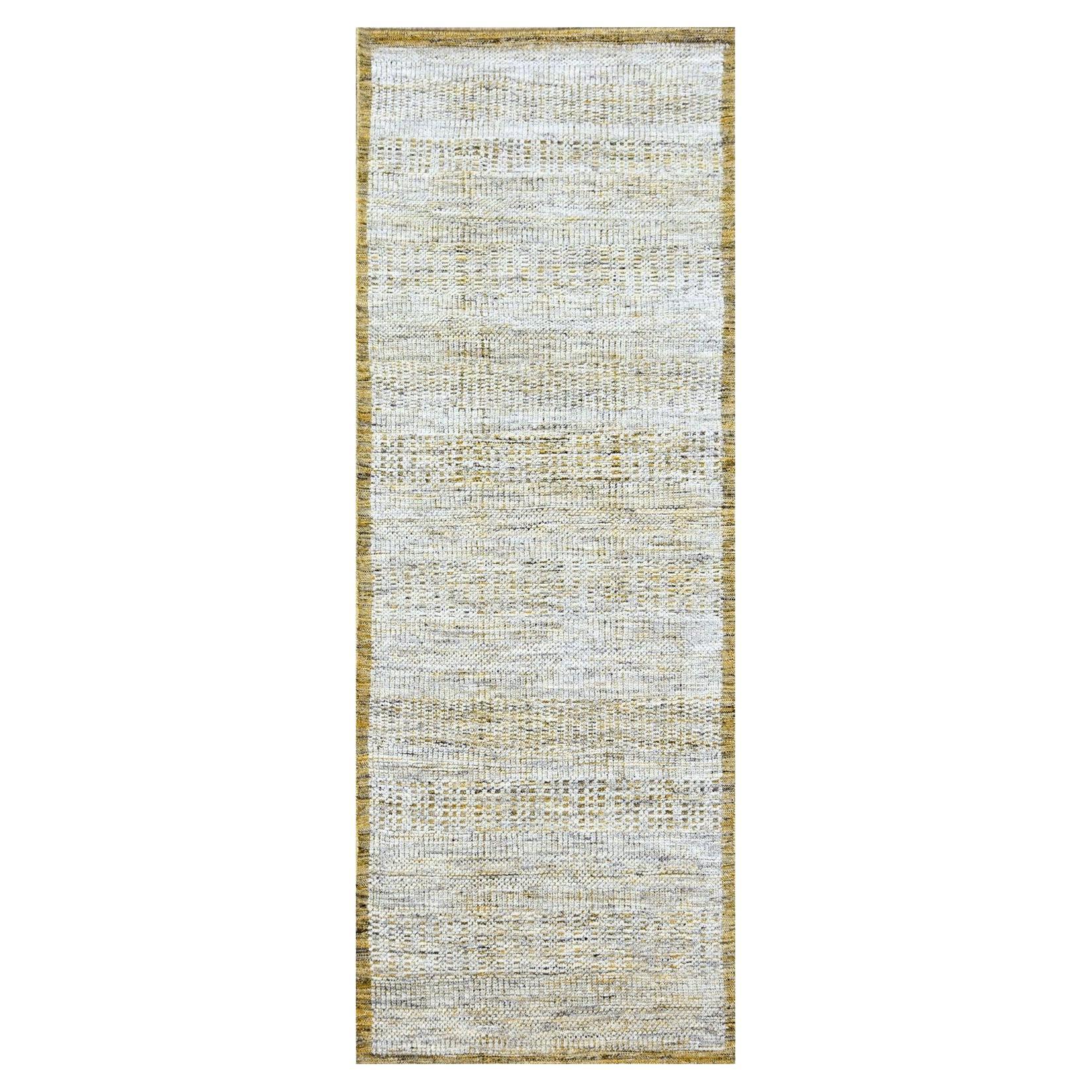 2'8"x6' White & Gold 100% Wool Oxidized Grass Design Hand Knotted Runner Rug