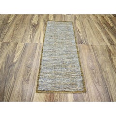 2'8"x6' White & Yellow Oxidized Grass Design Hand Knotted Pure Wool Runner Rug