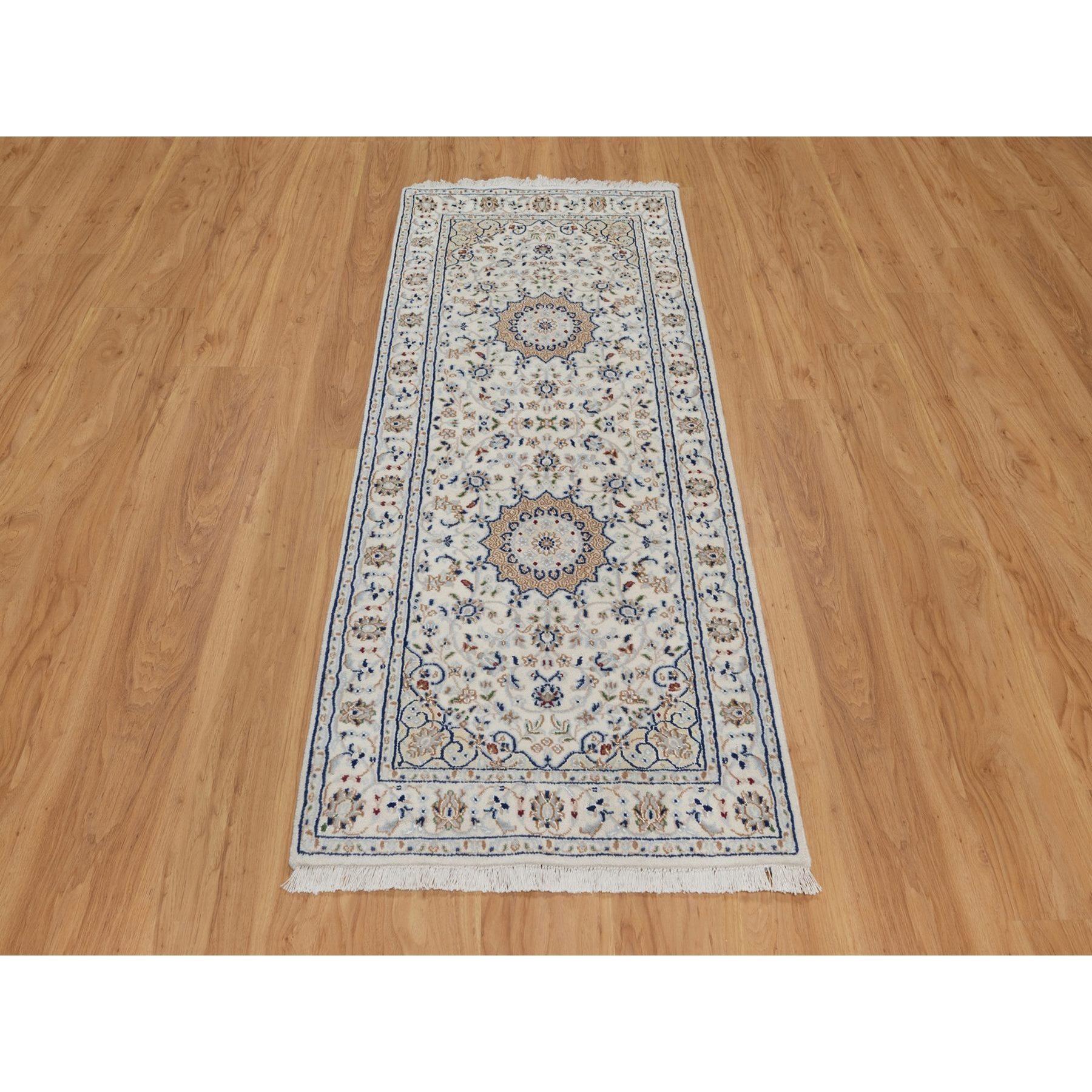 Pearl White, Wool and Silk, 250 KPSI, Nain with Flower Medallion Design, Hand Knotted, Soft Pile, Runner, Oriental Rug<br /><br />Primary materials: Wool 
SilkLatex: NoPile height: 0.25 InchesStyle: TraditionalPrimary color: IvorySecondary