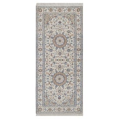 2
8"x6
2" Ivory Wool and Silk Hand Knotted Nain with Flower Design Runner Rug