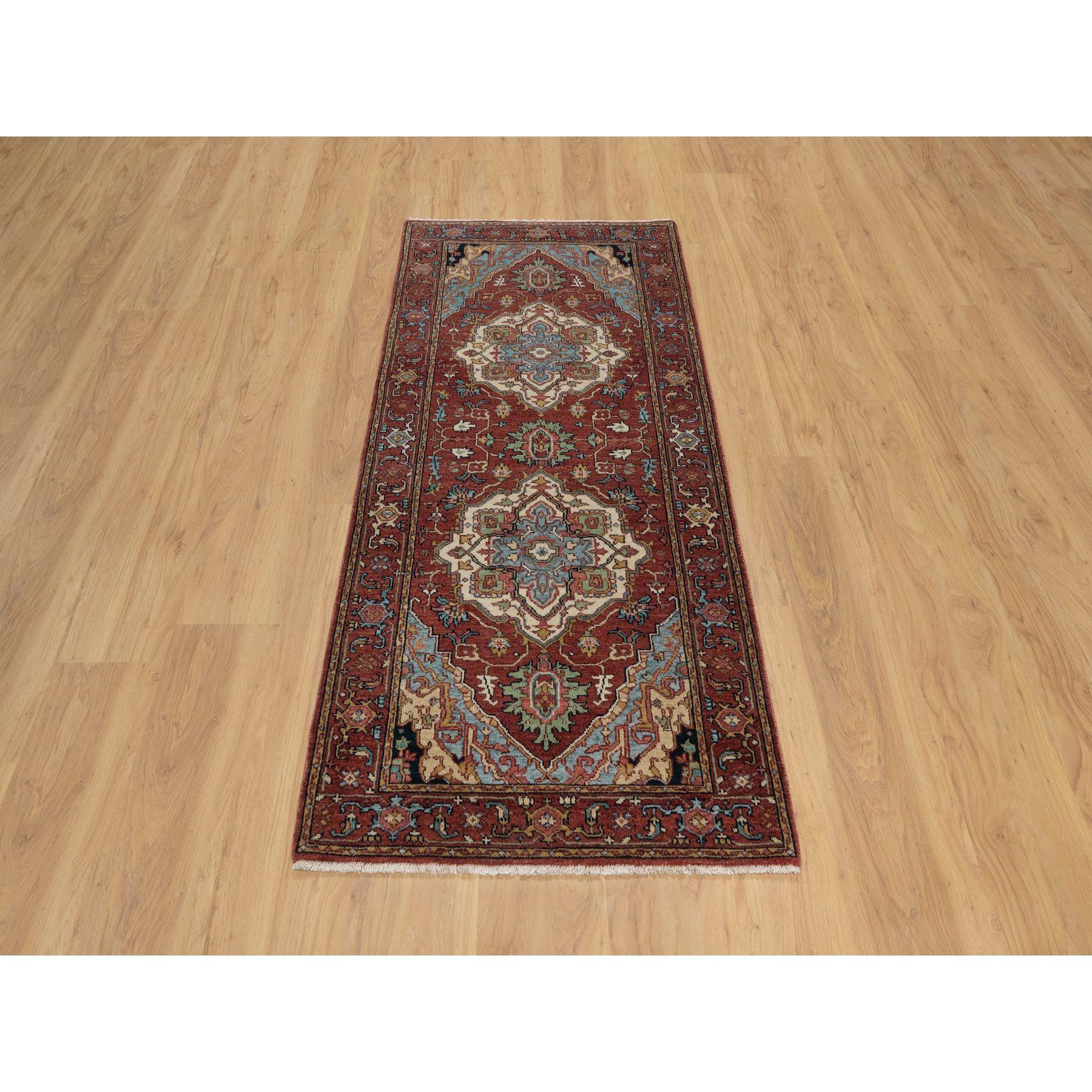 Brick Red, Antiqued Fine Heriz Re-Creation, Hand Knotted, Plush and Lush, Denser Weave, Vegetable Dyes, Soft Wool, Oriental, Runner, Rug
Primary materials: Wool
Latex: No Pile 
height: 0.25 Inches
Style: Traditional
Primary color: Red
Secondary