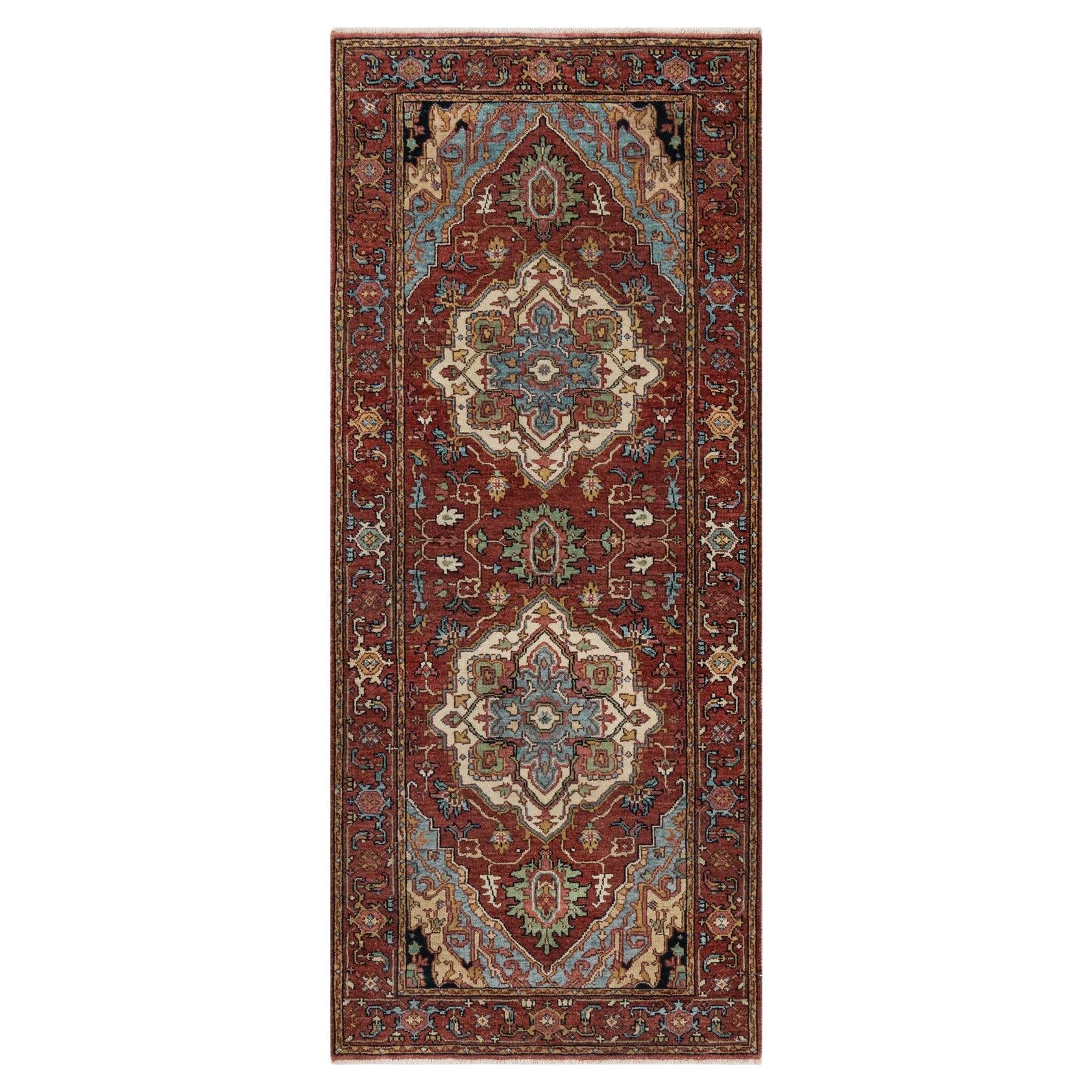 2'8"x6'2" Red Antiqued Fine Heriz Re-Creation Hand Knotted Soft Wool Runner Rug