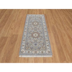 2'8"x6'3" Light Blue Wool & Silk Nain Medallions Design Hand Knotted Runner Rug